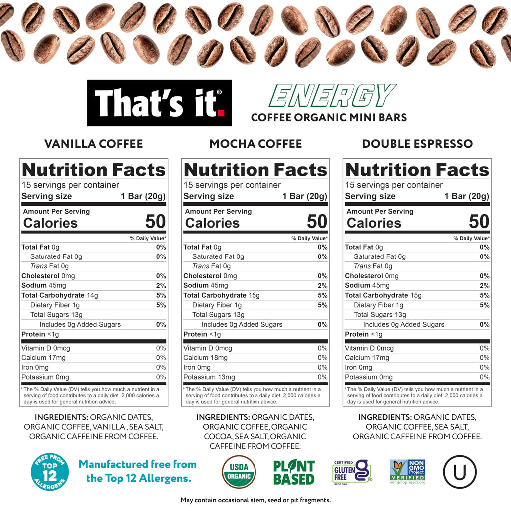 That’s it. Organic Energy Coffee Mini Bars - (6 each of Vanilla, Mocha, Double Espresso) Grab and Go, No Added Sugars, Non-GMO, Caffeine Power Snack, Kosher, Allergy Friendly (Variety - 18 Count)