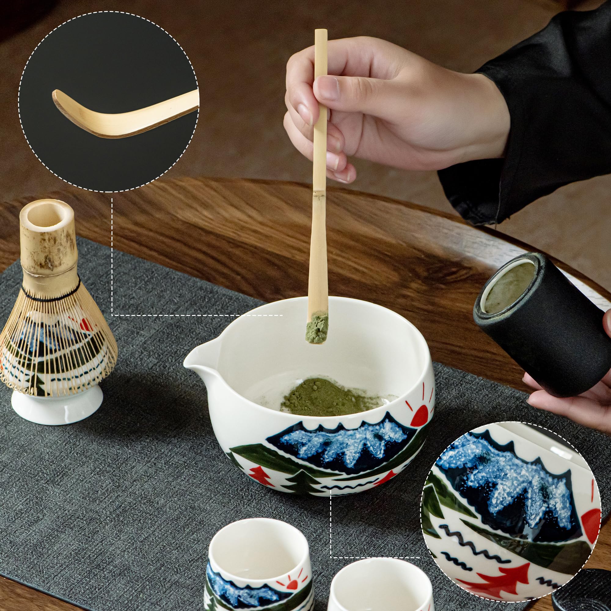 Matcha Whisk Set with Spout, Bowl & Holder, Cute Ceramic Japanese Teacups