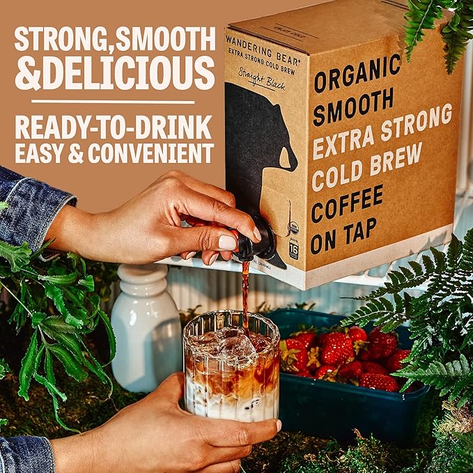 Wandering Bear Decaf Cold Brew Coffee On Tap, 96 fl oz - Bold, Smooth, Unsweetened, Shelf-Stable, Ready to Drink, Iced Cold Brewed Coffee Drinks - Gluten Free & Vegan Decaf
