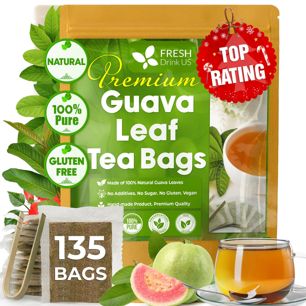 FreshDrinkUS, Premium 135 Guava Leaf Tea Bags, Handmade, 100% Natural and Pure. Guava Tea, Loose Leaf Herbal Tea. No Sugar/Caffeine/Gluten, Vegan.