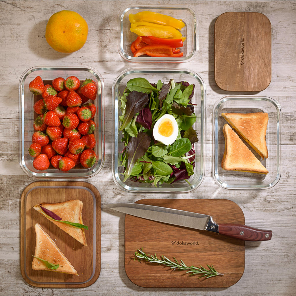 dokaworld Glass Container Set with Acacia Lids - 4 Stackable Meal Prep Containers. Durable heat resistant Inert Borosilicate Glass
