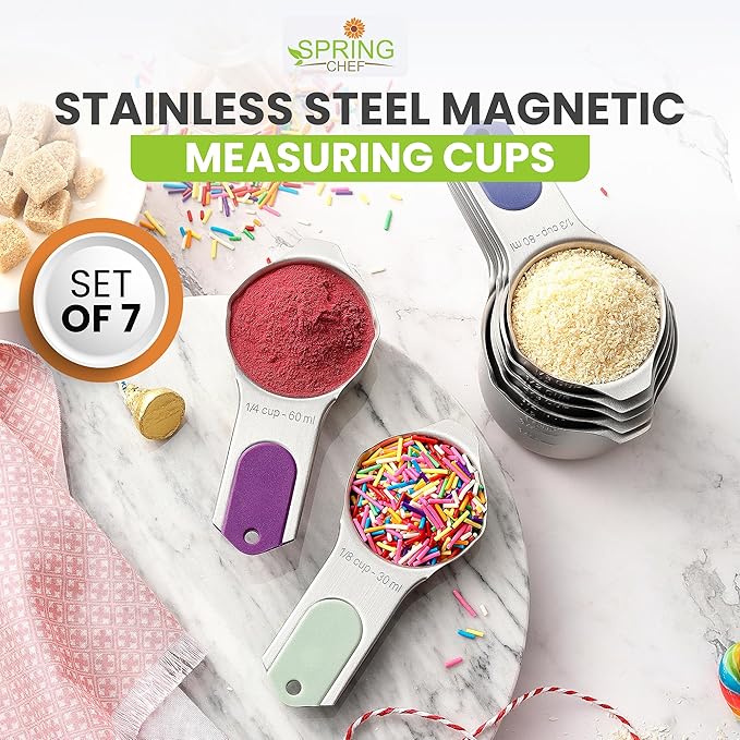 Spring Chef Magnetic Stainless Steel Measuring Cups (Patent Pending), Kitchen Tools with Easy to Read Markings for Measuring Dry or Liquid Ingredients, Set of 7, Winter Frost