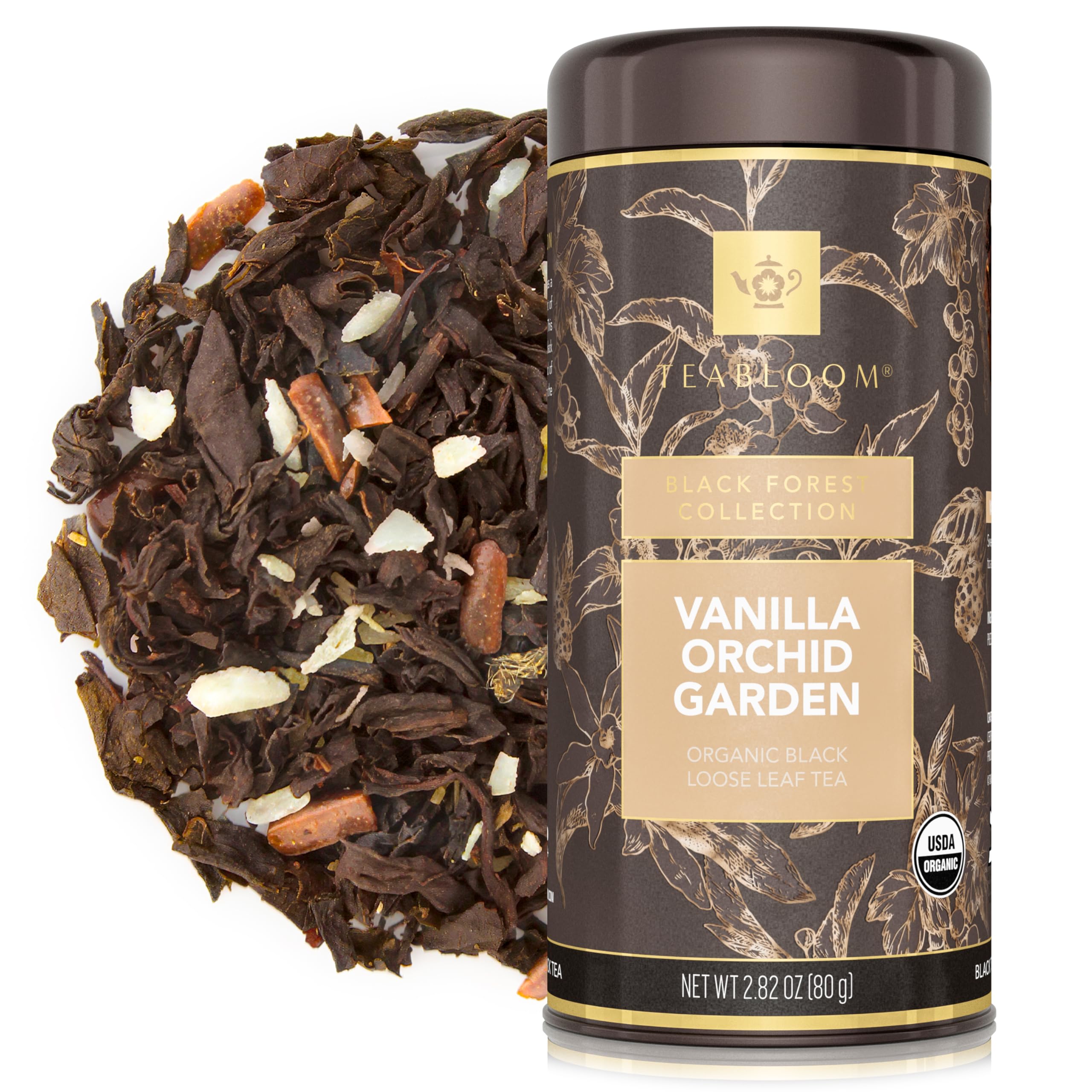 Teabloom Organic Black Tea, Vanilla Orchid Garden Loose Leaf Tea, USDA Certified Organic and Kosher Certified, 2.80 Ounce Canister Makes 35-50 Cups