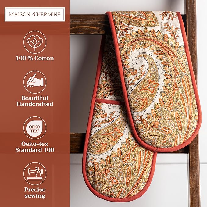 Maison d' Hermine Double Oven Mitts 100% Cotton 7"x35" Double Oven Mitt Heat Resistant BBQ Cooking Gloves with Loop, Baking, Grilling, Home, Kitchen, Handling Hot Pans (Kashmir Paisley)