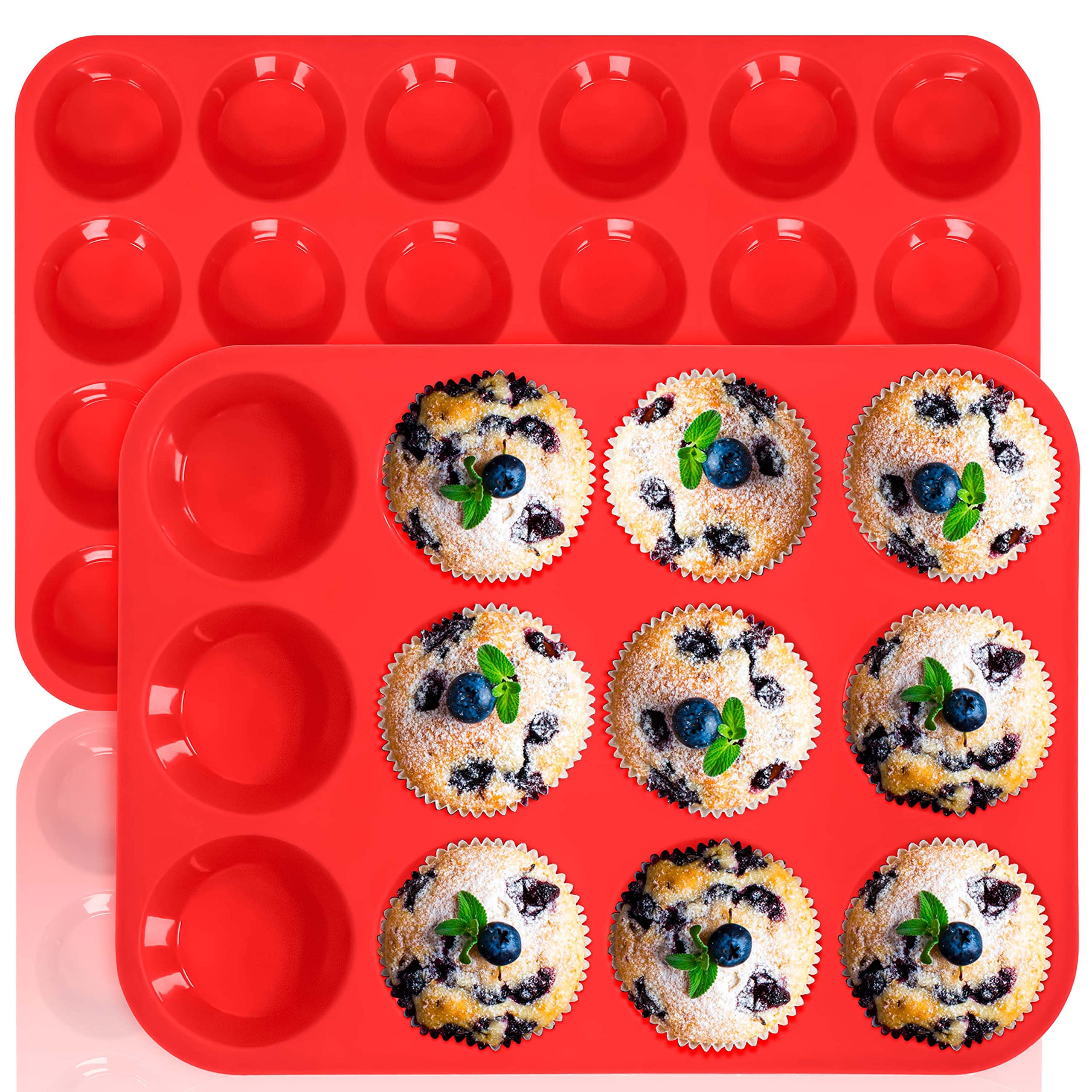 Anaeat Silicone Muffin Pan Set - Regular 12 Cups & Mini 24 Cups Cupcake Baking Molds with Flexible & Non-Sticky, Just Pop Out for Making Muffin Cakes, Cupcake, Chocolate,Tart and Desserts (2 Pack)