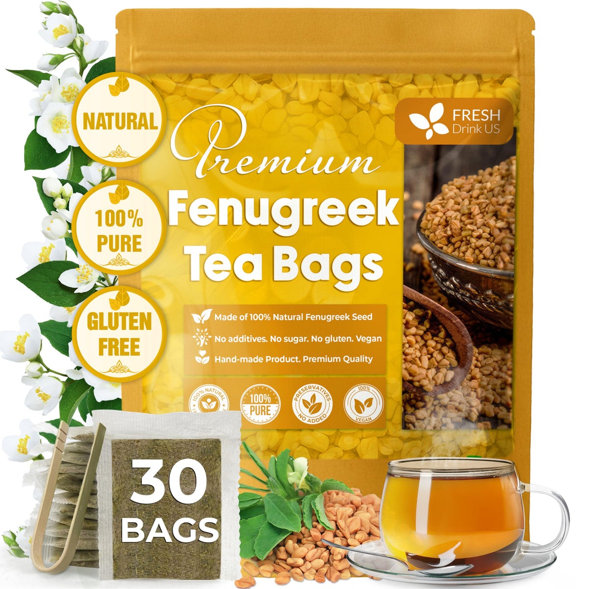FreshDrinkUS, Premium Fenugreek Tea Bag, 30 Count, Pure, Caffeine Free