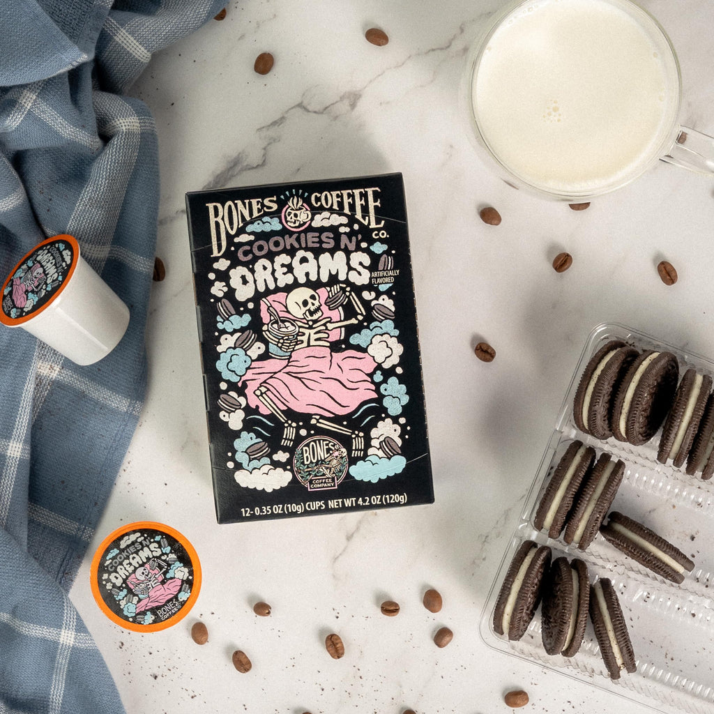 Bones Coffee Company Cookies 'N Dreams, Cookie and Cream Flavored Coffee Pods, Low Acid Medium Roast Single-Serve Bones Cups, Compatible with K-Cups Brewers Coffee Maker, 12 Count