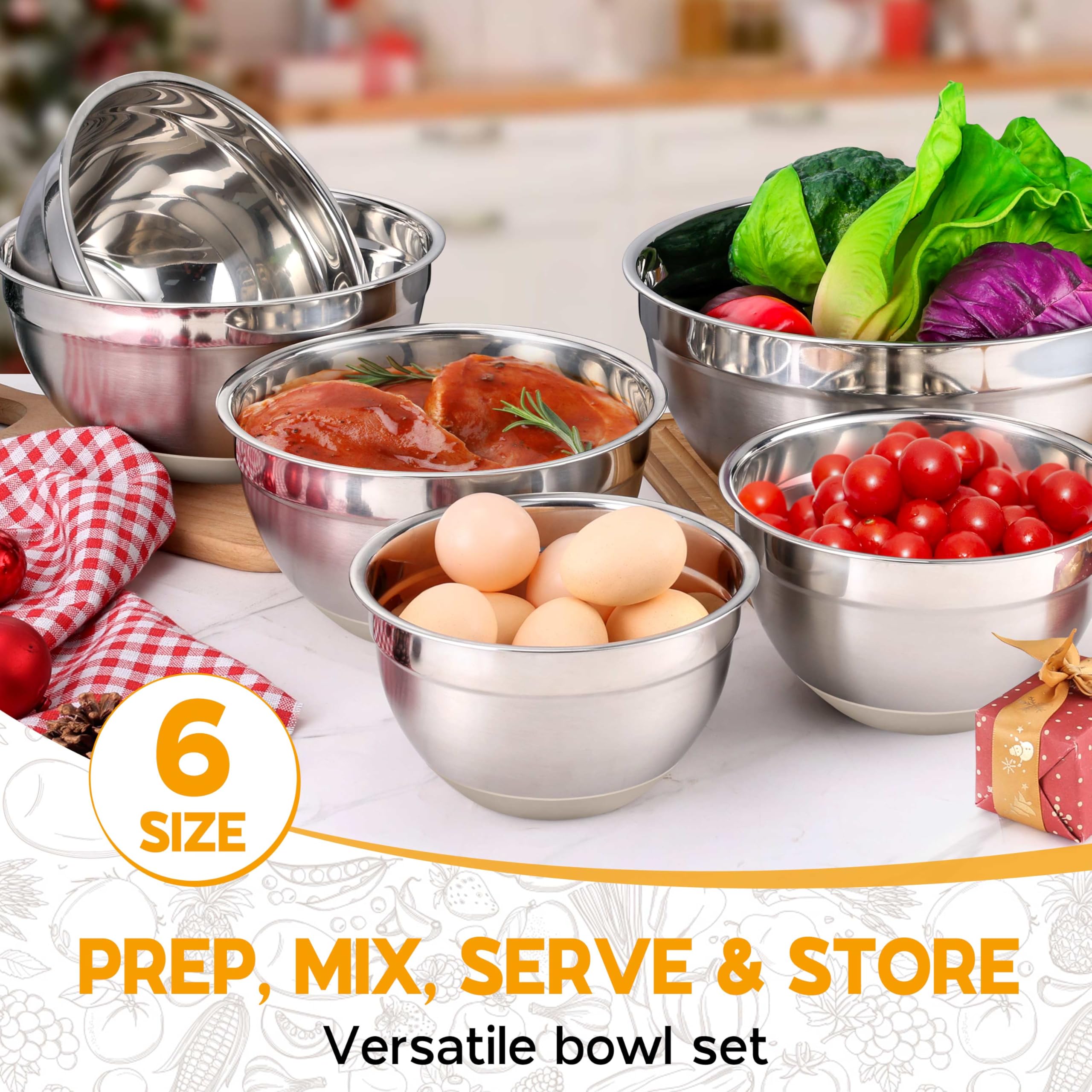 Onader Mixing Bowls with Lids Set of 6, Large Metal Nesting Mixing Bowls, Stainless Steel Non-Slip Salad Bowl Khaki – Size 0.7, 1, 1.5, 2, 2.6, 4.6QT