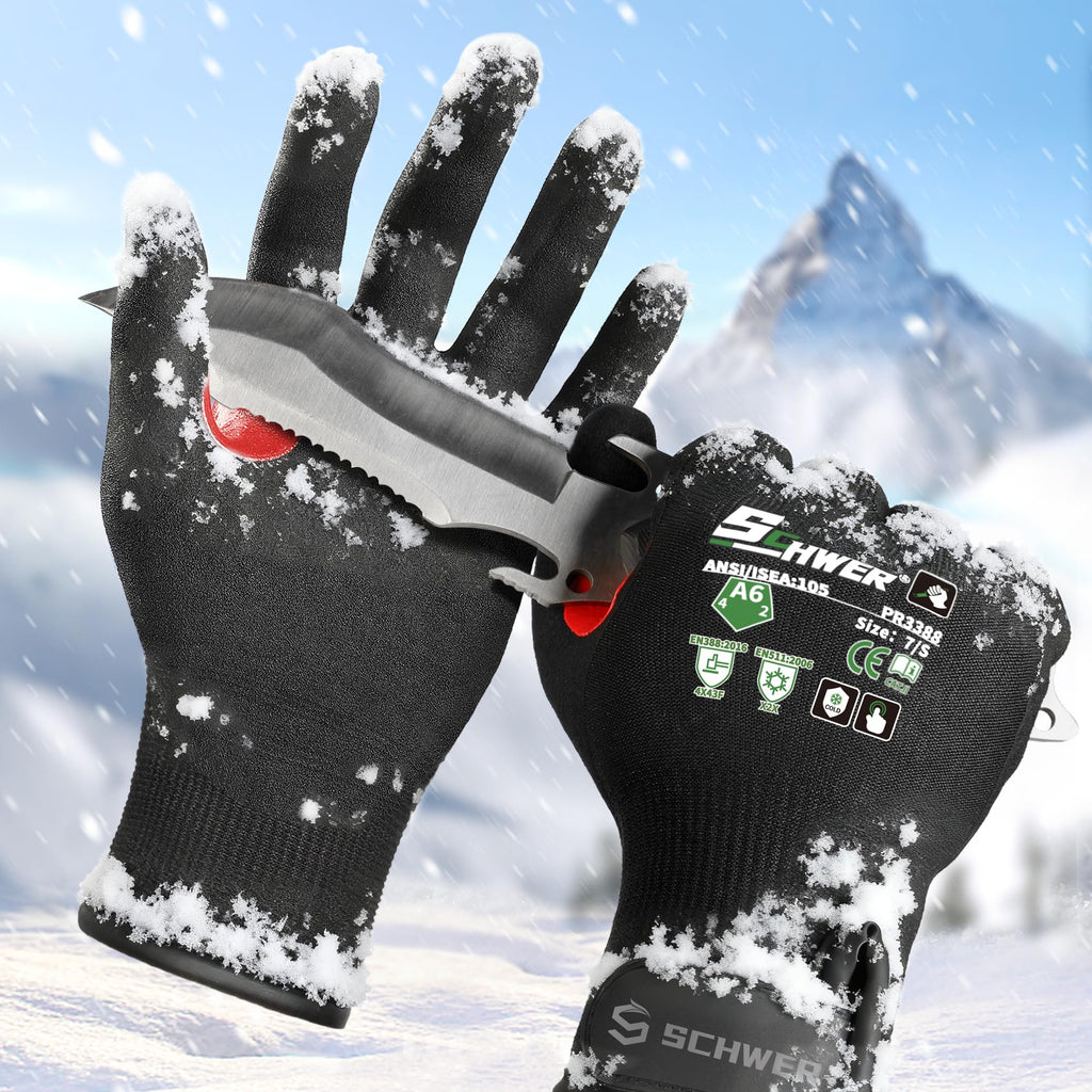 FreezeGuard Winter Work Gloves for Men and Women, ANSI A6 Cut Resistant Gloves With Super Grip, Freezer Glove for Work Below Zero, Touchscreen, Thermal Insulated, PR3388, Black Knight (S, 2 Pairs)