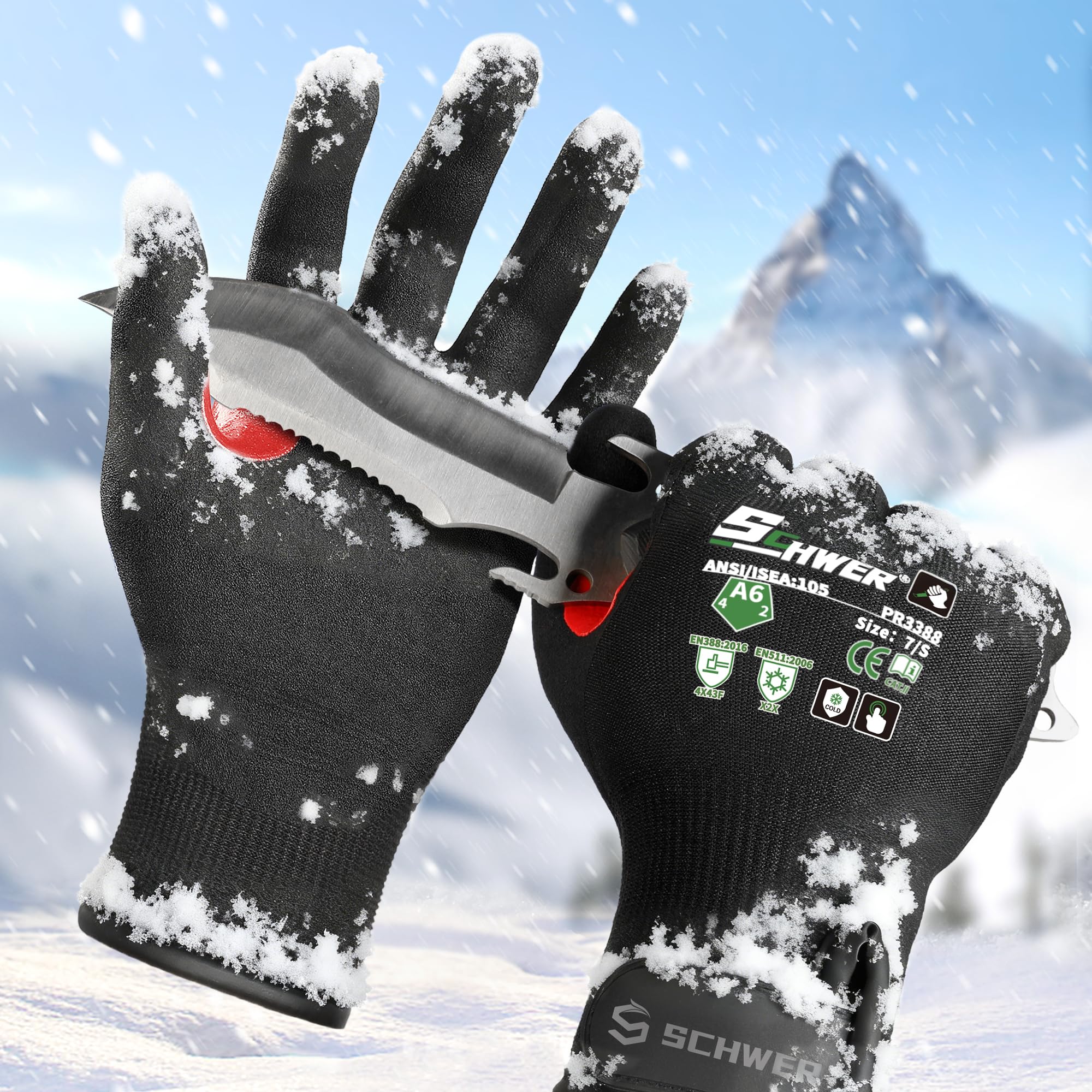 FreezeGuard Winter Work Gloves for Men and Women, ANSI A6 Cut Resistant Gloves With Super Grip, Freezer Glove for Work Below Zero, Touchscreen, Thermal Insulated, PR3388, Black Knight (S, 2 Pairs)