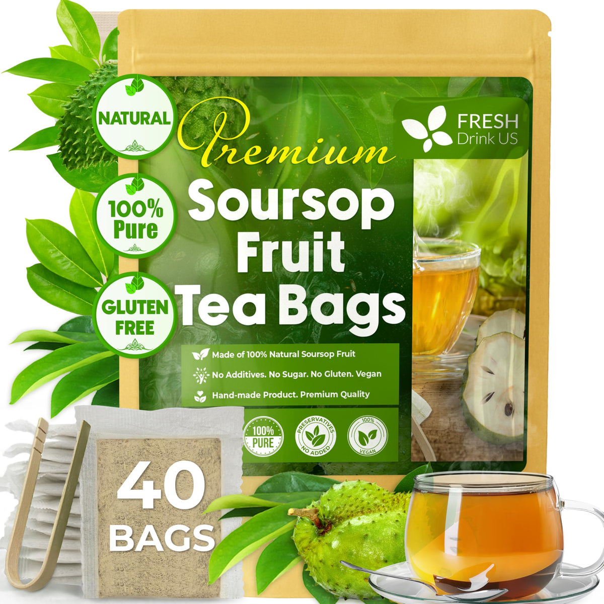 FreshDrinkUS, Premium 60 Bags Soursop Graviola Fruit Tea, 100% Natural