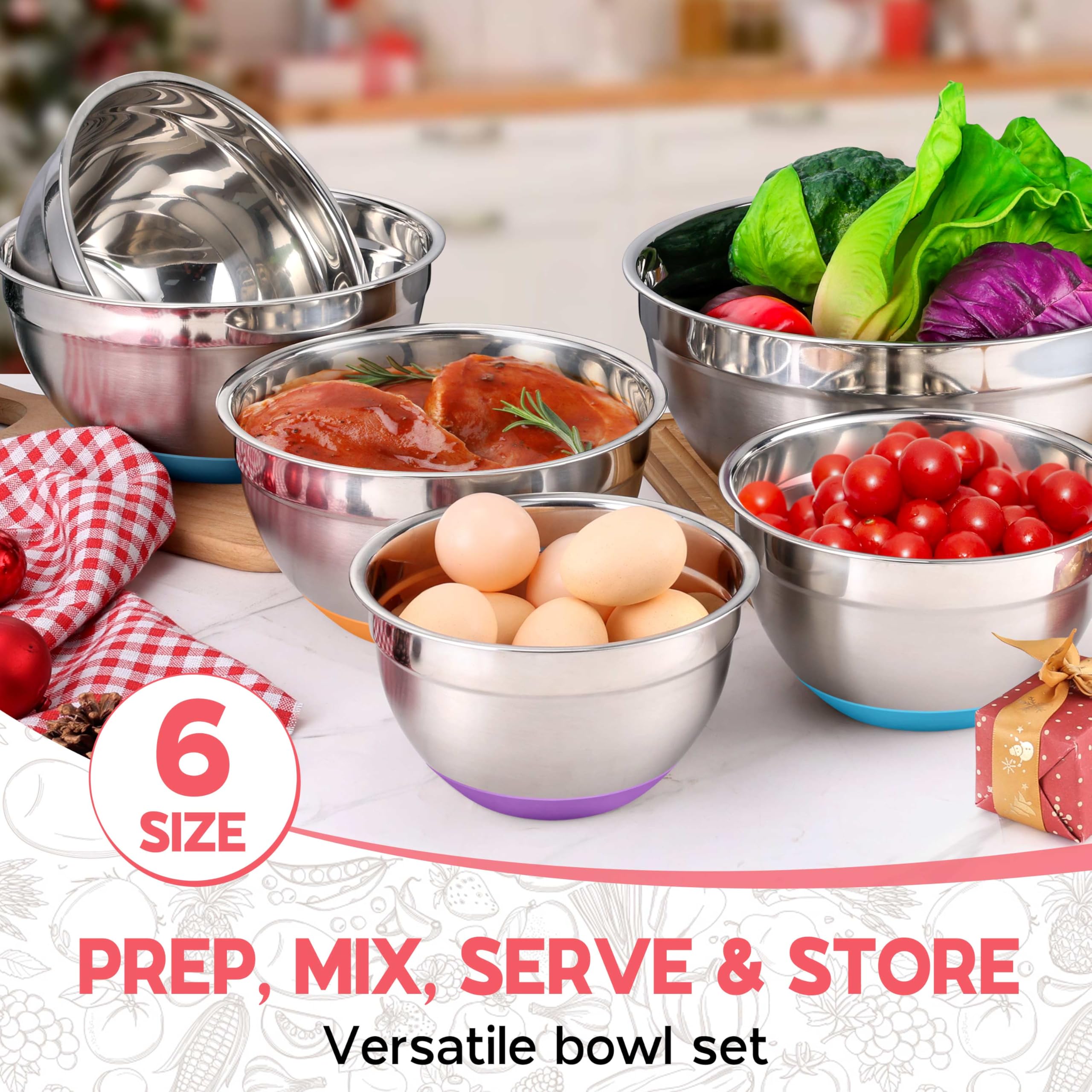 Onader Colorful Mixing Bowl Set of 6 for Kitchen, Large Stainless Steel Metal Nesting Mixing Bowls with Airtight Lids, Non Slip - Size 0.7, 1, 1.5, 2, 2.6, 4.6QT