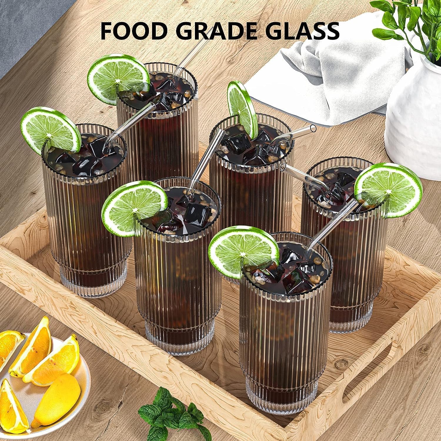 CWHHRN 16 OZ Glass Cup with Lid and Straw, Vintage Ribbed Glassware for Whiskey Cocktail Beer, Iced Coffee Cups with Lid, Glass Tumbler with Straw and Lid (1 PACK)