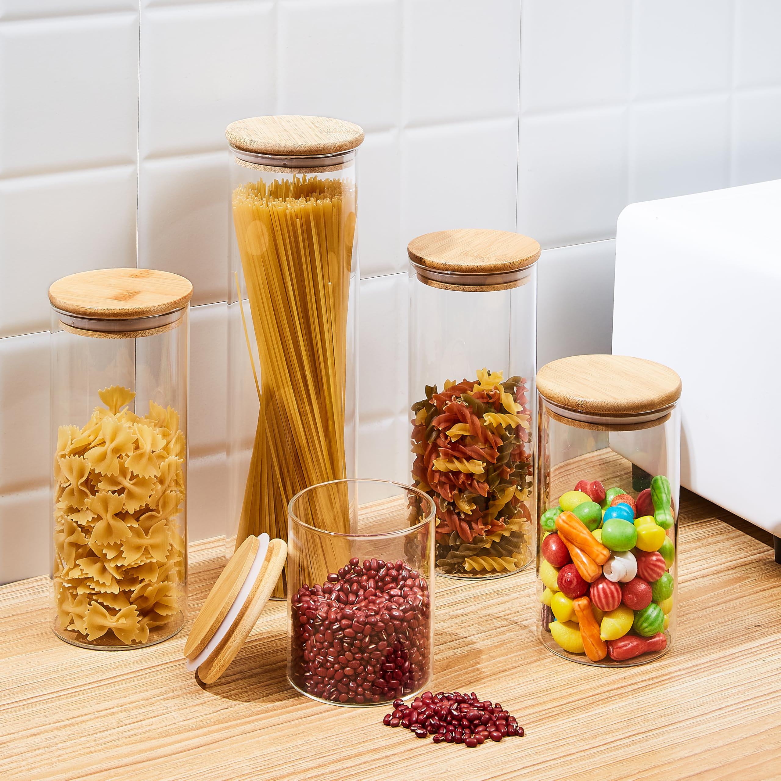 SHOWIN 34oz Glass Food Storage Jars, Glass Jars with Bamboo Lids, Kitchen Storage Jars, Set of 8, Canisters with Airtight Lids for Spice, Coffee, Cookie, Pantry Organizers