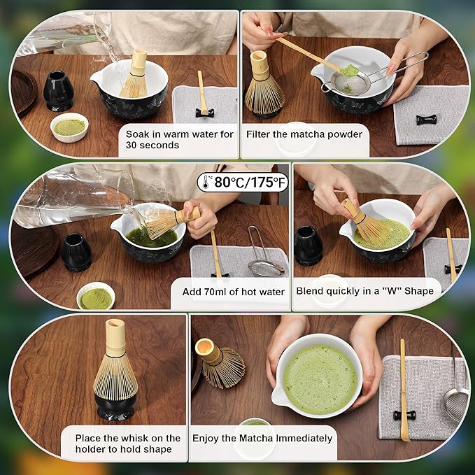 Matcha Whisk 7 PCS Matcha Whisk Set Ceramic Matcha Kit for Ceremony (Matcha Bowl, Bamboo Whisk and Holder), Matcha Tea Set for Making Breakfast/Latte Japanese Tea Tools for Ceremony Gift Black
