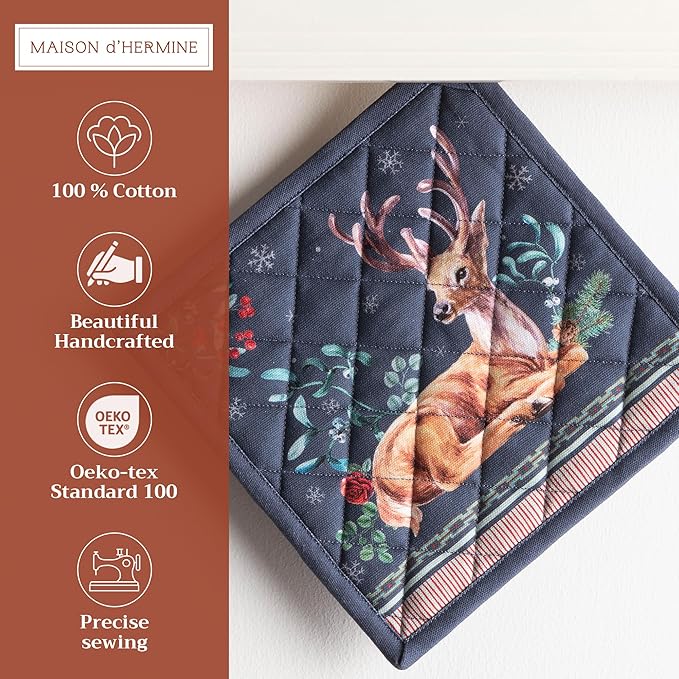 Maison d' Hermine Pot Holders 100% Cotton Heat Resistant Potholders 8" x 8" Hot Pads with Loop BBQ, Cooking, Baking, Grilling, Kitchen, Handling Hot Pans (Pack of 1, Christmas Joy)