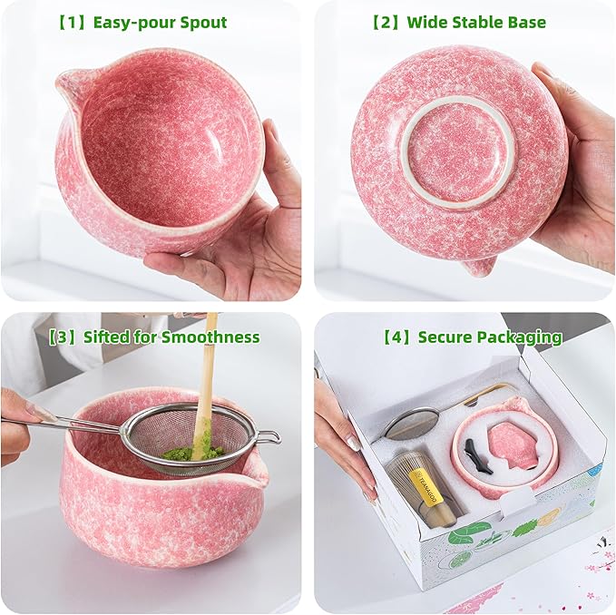 TEANAGOO Matcha Whisk Set,7 Pcs Matcha Set Pink for Making Latte,Ceramic Bowl(chawan) whith Spout and Whisk,Gift for Friend/Family