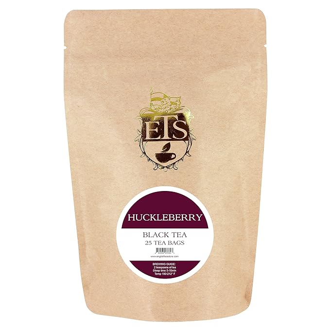 English Tea Store - Huckleberry Flavored Black Tea | Wild Berry Sweetness with Tart Notes | Medium Caffeine | Serve Hot or Iced | 25 Unwrapped Teabags in Resealable Pouch