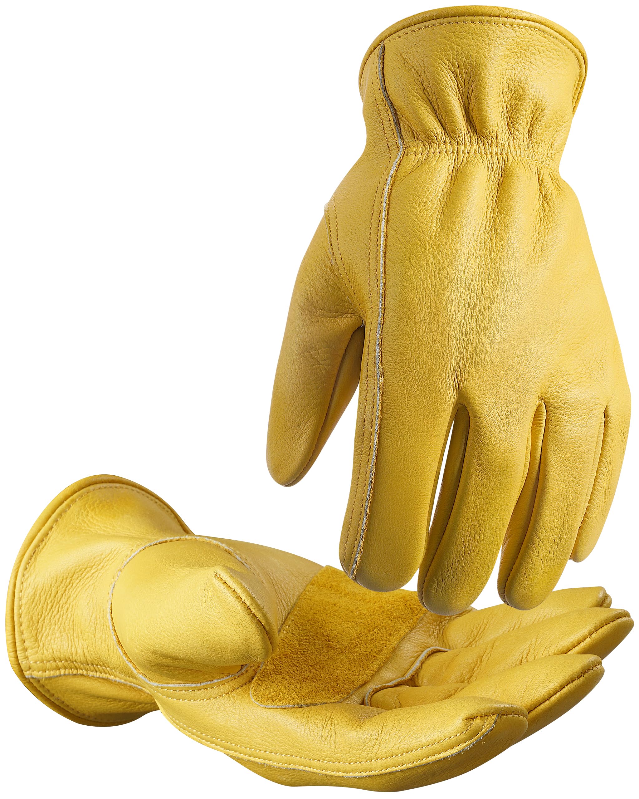 DULFINE Cowhide Leather Gardening Work Gloves for Men 1 Pair Golden XL