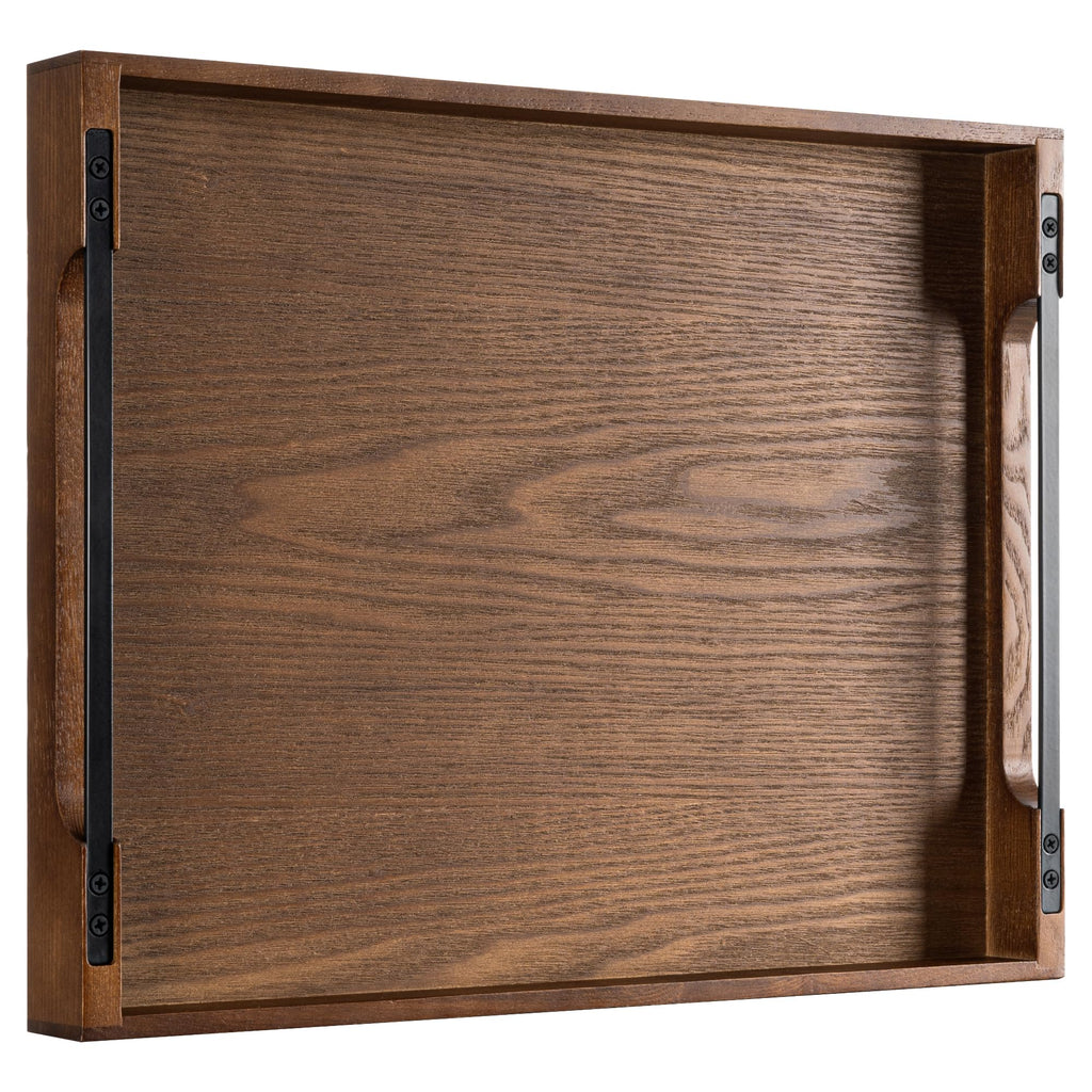 Axeman Wooden Serving Tray with Metal Handles|Ottoman Tray for Breakfast, Bed, Couch|17x13in Ash Wood Coffee Table Trays|Food Drinks Decorative Storage Boards for Ottoman Kitchen, Walnut