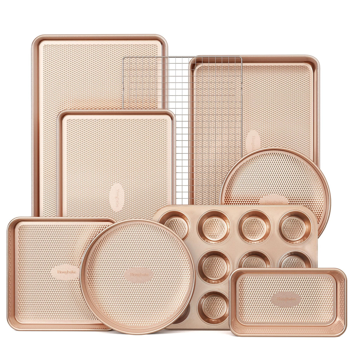 HONGBAKE 22-Piece Baking Pans Set Nonstick, Stackable Non Toxic Bakeware Sets with Diamond Texture, Oven Pan Set for Cooking, Includes Cookie Sheet with Rack, Cake Pan, Roasting Pan, Muffin Tin, Pink