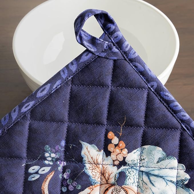 Maison d' Hermine Pot Holders Set 100% Cotton Heat Resistant Potholders 8" x 8" Hot Pads with Loop BBQ, Cooking, Baking, Grilling, Kitchen, Handling Hot Pans (Pack of 2, Pumpkin Blues)