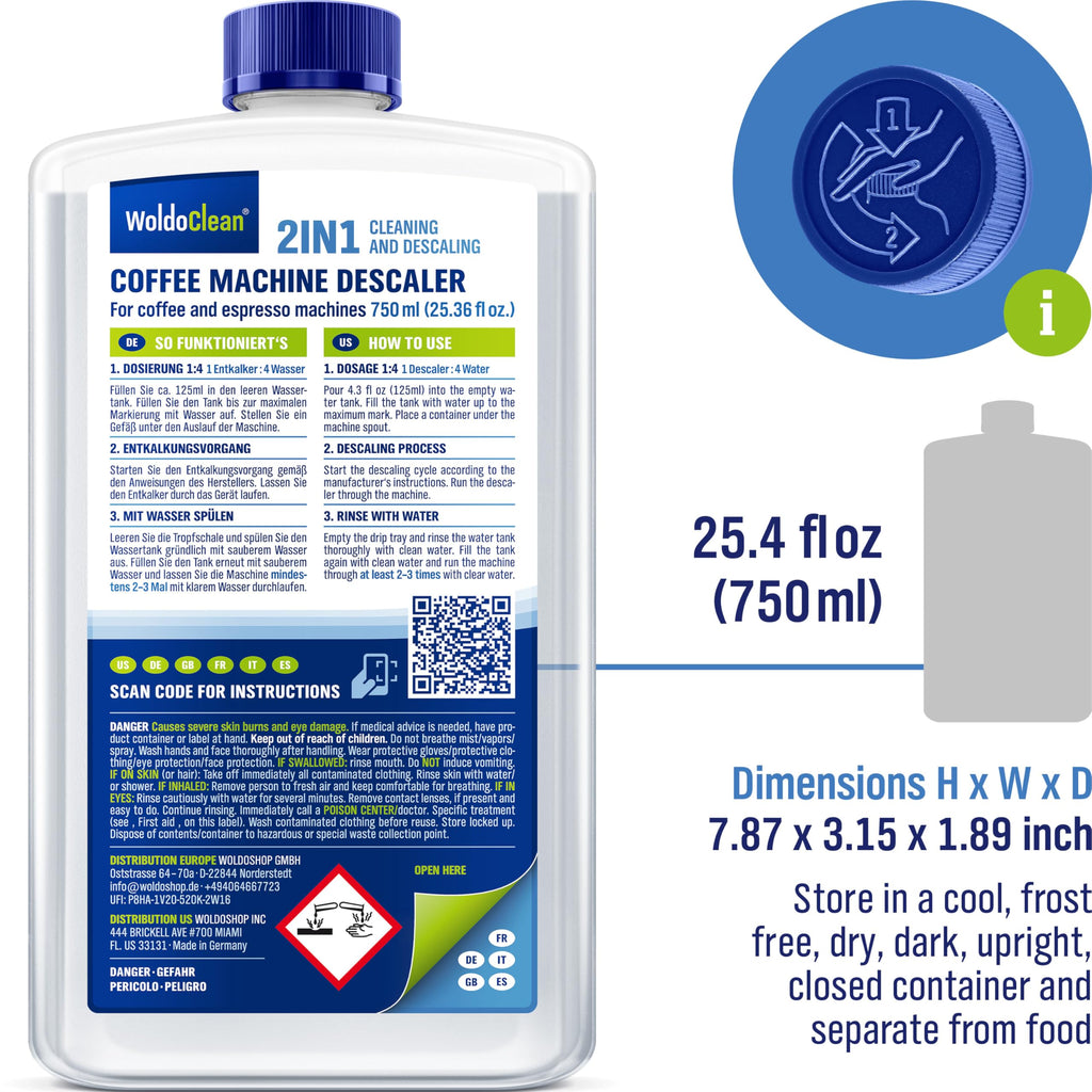 WoldoClean Descaler Solution for Coffee Maker 25.4 oz - 6 Uses Descaling Liquid compatible with Keurig, Nespresso, Breville, Espresso Machines