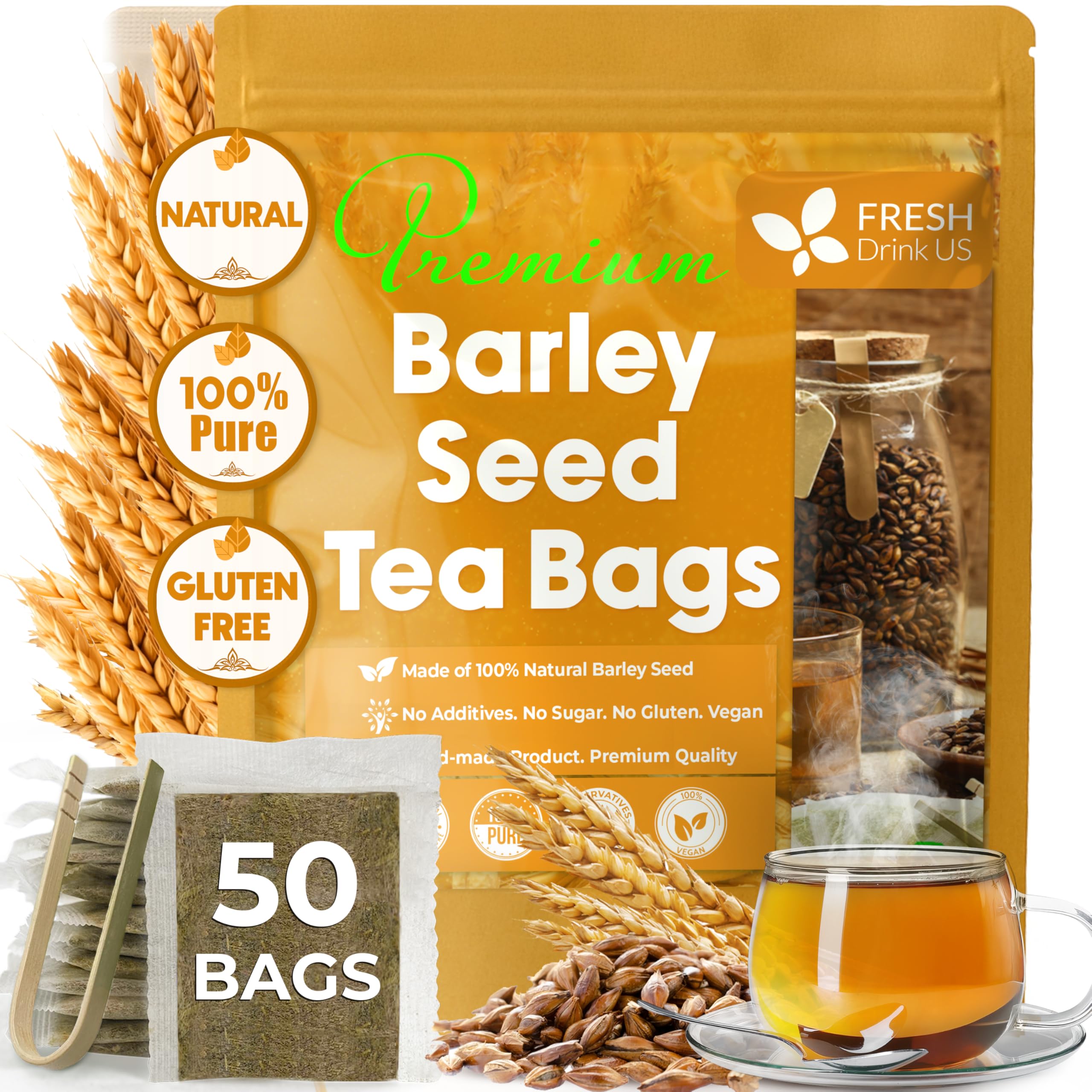 FreshDrinkUS, Premium 50 Barley Tea Bags, 100% Natural & Pure from Barley. Herbal Tea. Made with Natural Material Tea Bags. No Sugar, No Caffeine, No Gluten, Vegan.