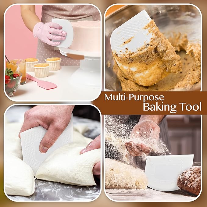 Plastic Bench Scraper for Baking - 2 White Bowl Scraper - Flexible Food Safe Dough Scraper Multipurpose Good Grip Curved and Flat Edge Dough Cutter - Essential Pan Scraper for Kitchen Use - RamPro