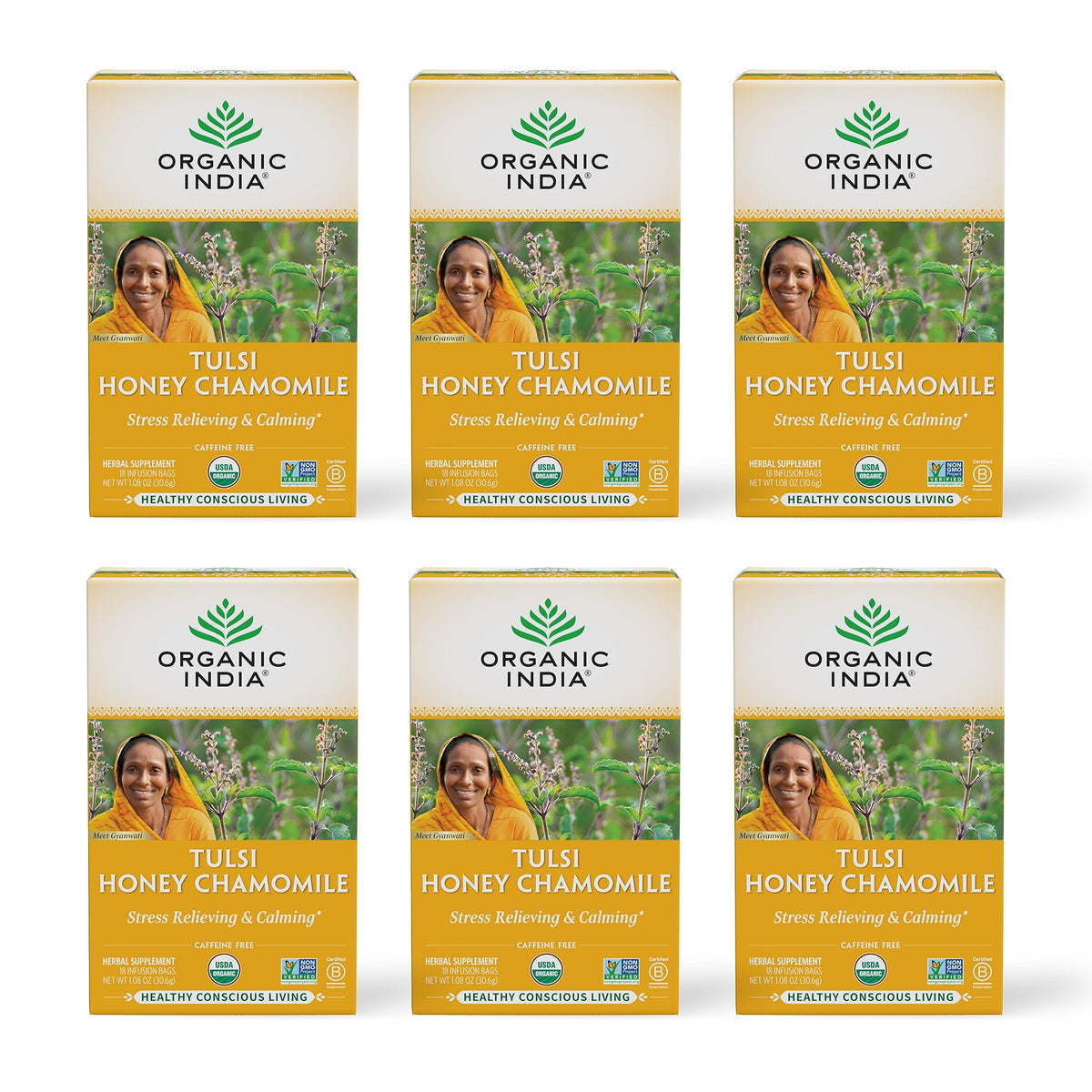 ORGANIC INDIA Tulsi Green Tea Bags, African Basil, 18 Infusion Bags, 6 Pack