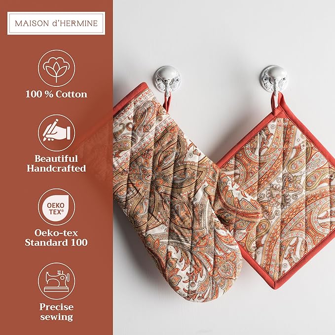 Maison d' Hermine 100% Cotton Oven Mitt & Pot Holder Set (7.5"x13" & 8"x8") Heat Resistant BBQ Cooking Gloves with Loop, Baking, Grilling, Kitchen, Handling Hot Pans (Kashmir Paisley)