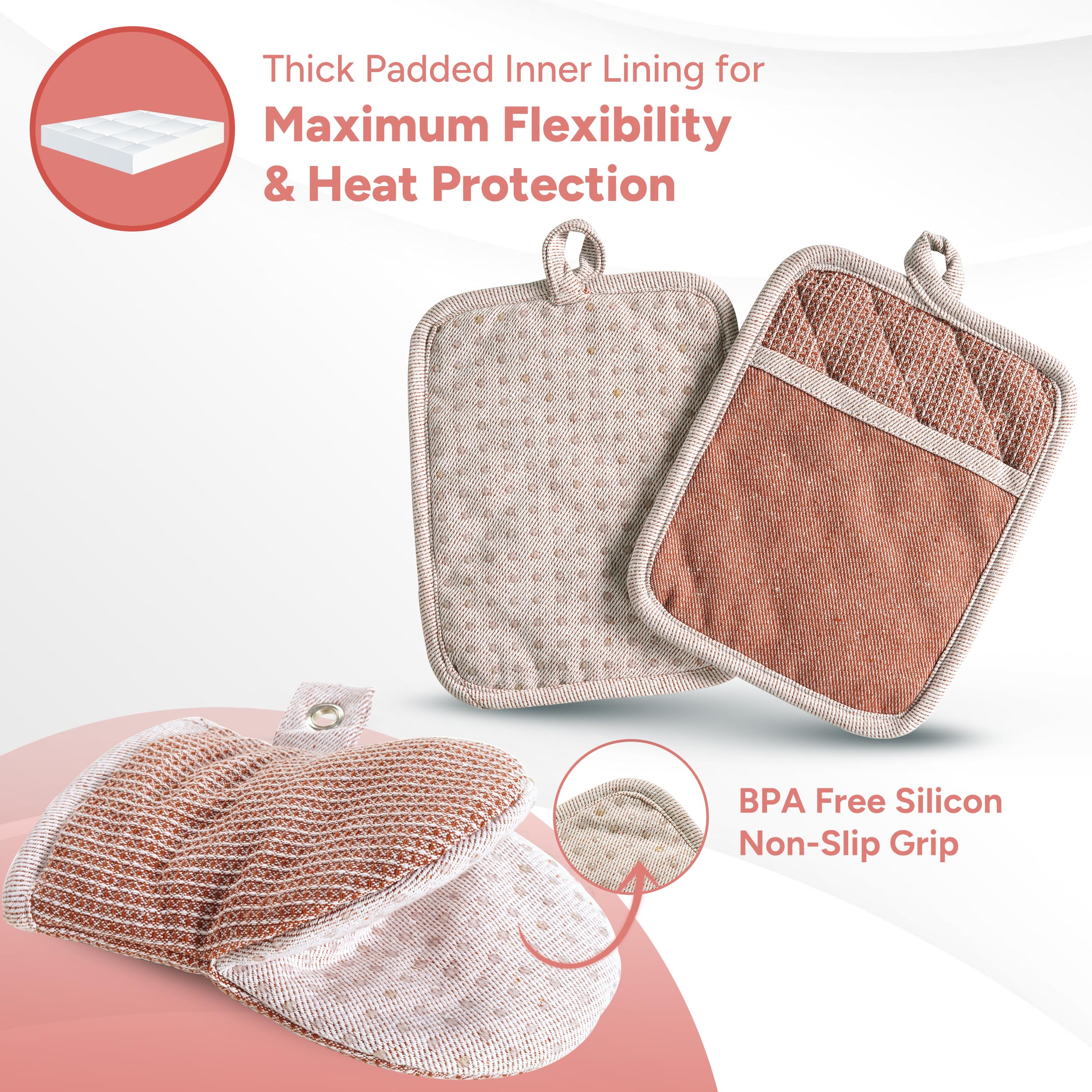 Casa Platino Potholders for Kitchens, 8-Piece – 500°F Heat Resistant Oven Mitts and Pot Holders, Mini Oven Mitt with Silicone Grip, 2 Kitchen Towels & 2 Dish Cloths – Durable & Non-Slip – Canyon Rose
