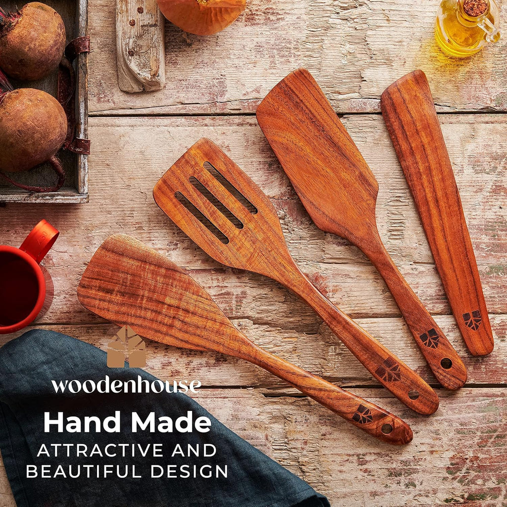 Wooden Spatula for Cooking, Teak Wood Set of 4 for Non Stick Frying Pan