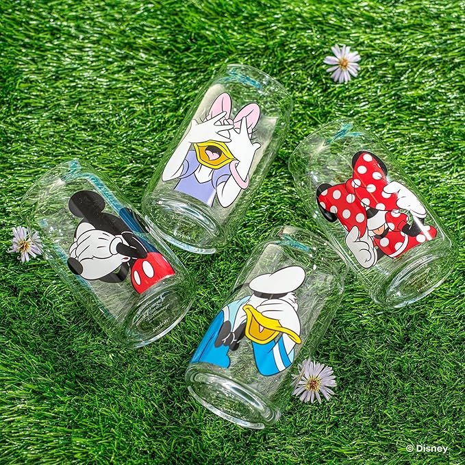 JoyJolt Disney Mickey Mouse & Friends Peek-a-Boo Collection Tumblers, 16oz Can Shape Tumbler Drinking Glass Cups Set, Glass Tumbler Set of 4 w/Glass Straws, Disney Gifts, Mickey Mouse Glasses