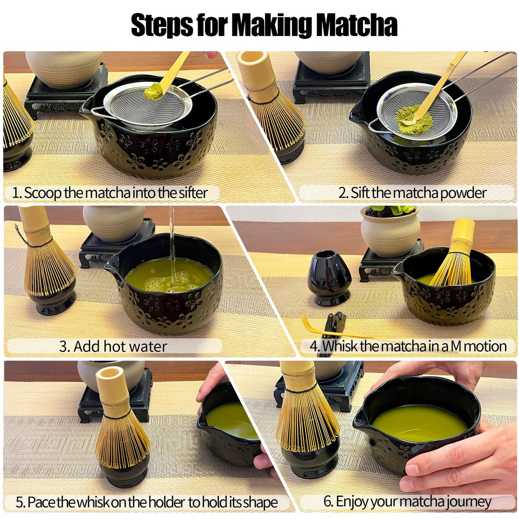 APLSTOW Matcha Whisk Set - Traditional Japanese Handmade Bamboo Matcha Whisk and Holder, Matcha Bowl,Bamboo Scoop, Scoop Rest, Sifter and Tea Towel (Black)