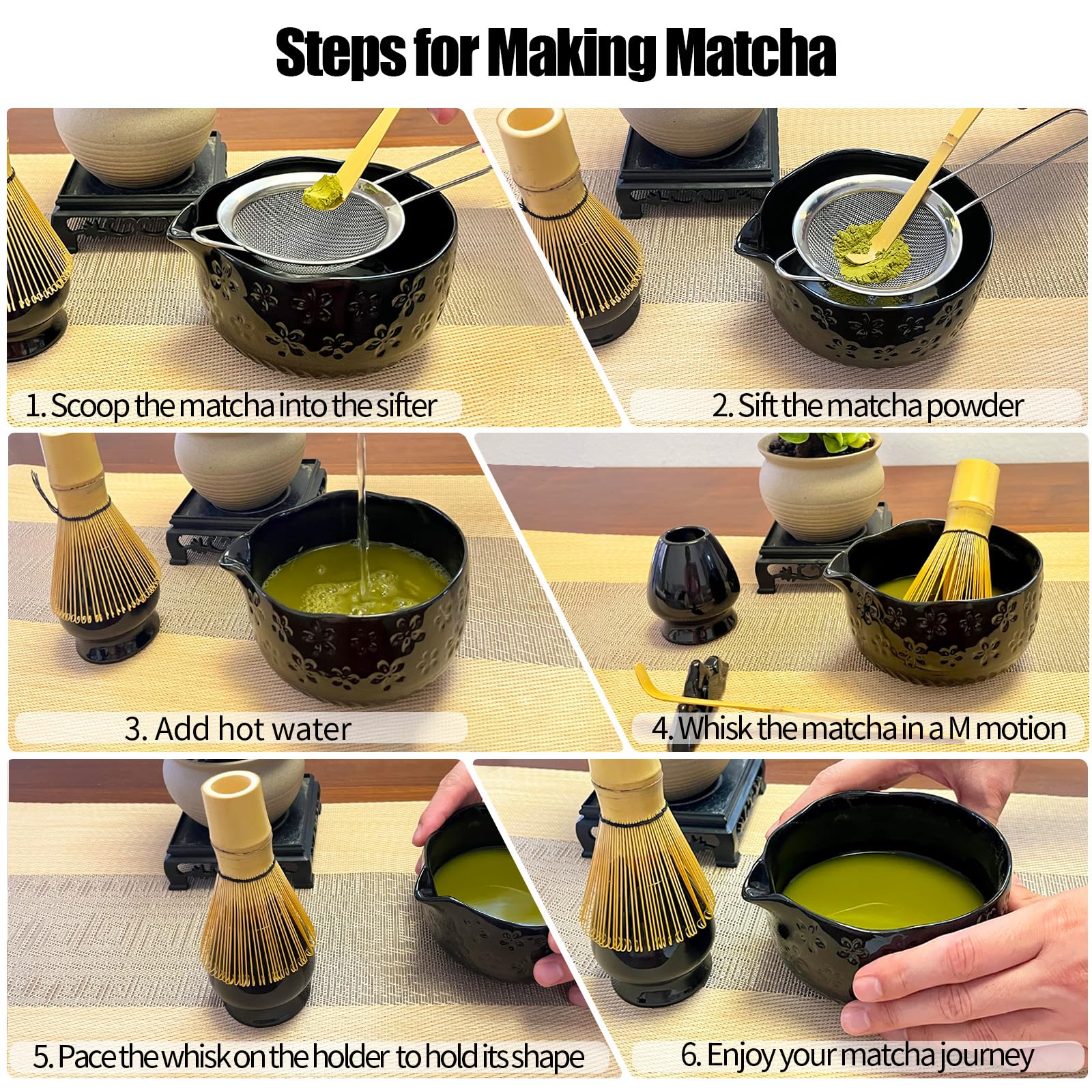 APLSTOW Matcha Whisk Set - Traditional Japanese Handmade Bamboo Matcha Whisk and Holder, Matcha Bowl,Bamboo Scoop, Scoop Rest, Sifter and Tea Towel (Black)