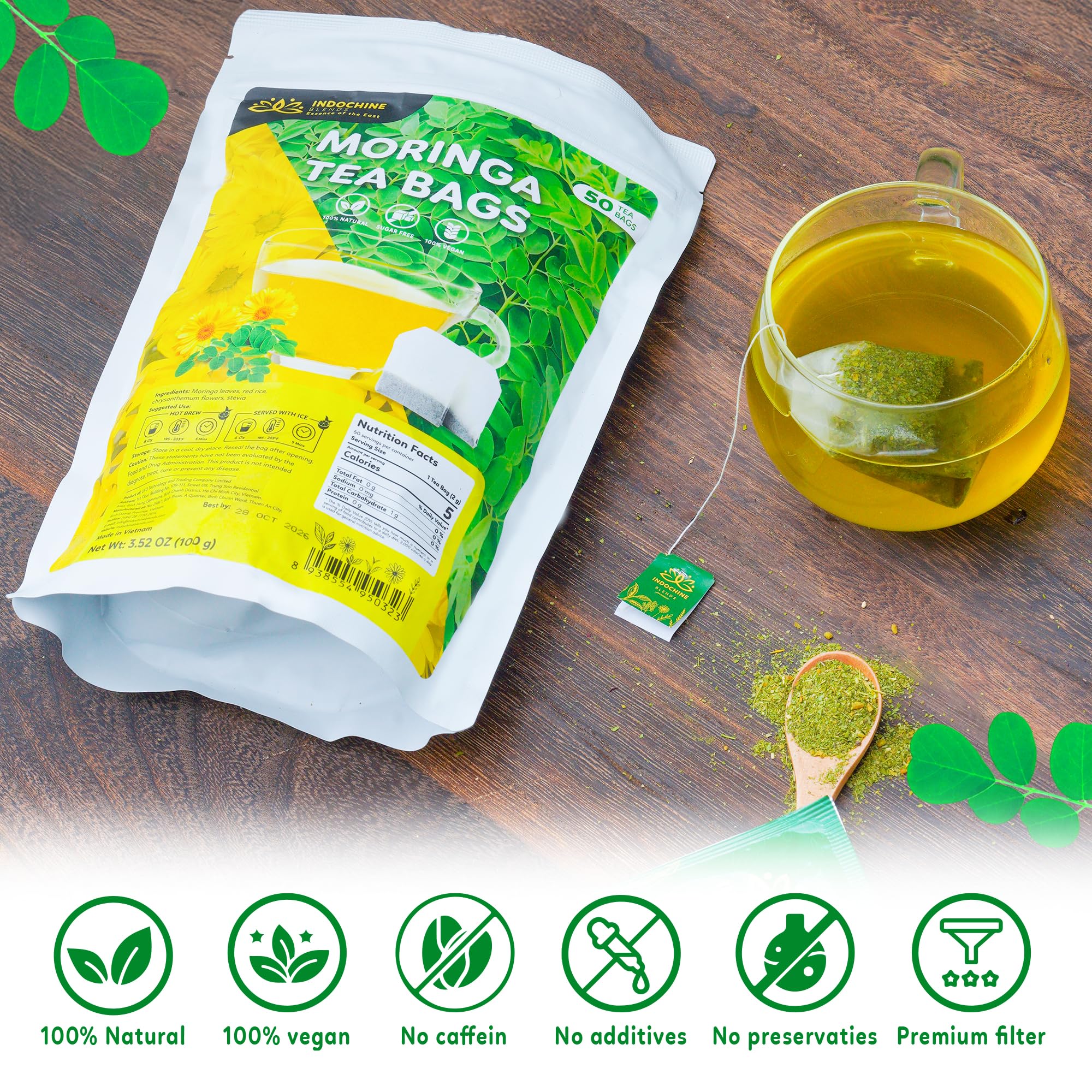 Indochine Blends Tea Bags | Sugar-Free, Caffeine-Free Herbal Tea | Double Chamber, Individually Wrapped Bags | Rich in Natural Goodness and Flavor (50 Tea Bags (Pack of 1), Moringa Tea)