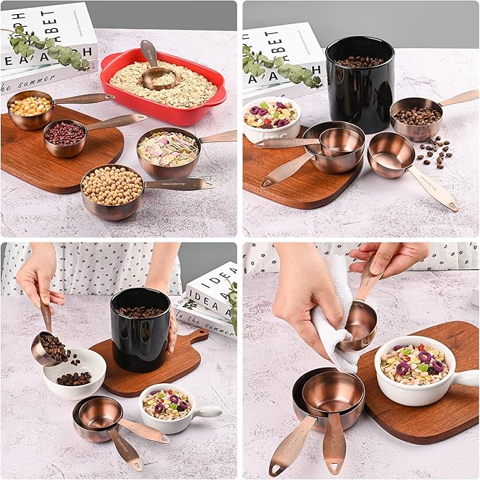 Copper Plated Measuring Cups and Spoons Set, 5 Stainless Steel Measuring Cups & 5 Metal Measuring Spoons Set with Leveler, US & Metric Kitchen Measure Cups & Spoons Set for Baking & Cooking