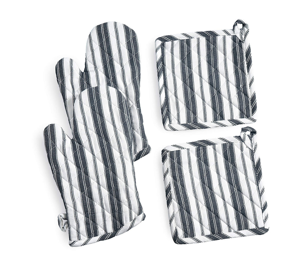 Oven Mitts & Potholder Set - Durable Heat Resistant Gloves - Thick Mittens for Kitchen - Suitable for Cooking, Baking, Grilling - BBQ- 2 Oven Mitts & 2 Potholders - Black Stripes - Casa De Lan