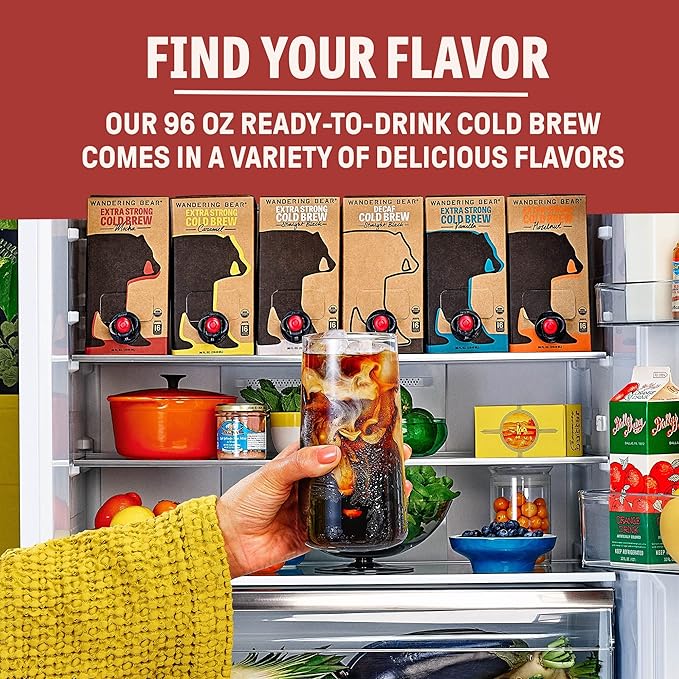 Wandering Bear Organic Mocha Cold Brew Coffee On Tap, 96 fl oz - Extra Strong, Bold, Smooth, Unsweetened, Shelf-Stable, Ready to Drink, Gluten Free, & Vegan, Iced Cold Brewed Coffee Drinks