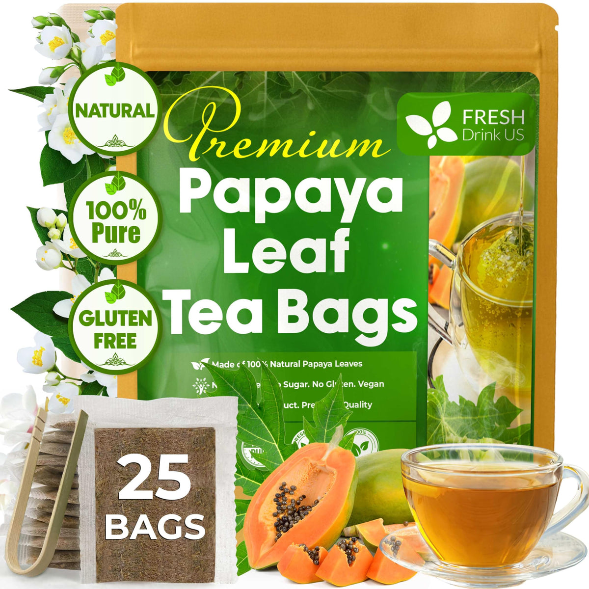 FreshDrinkUS, Premium 75 Papaya Leaf Tea Bags, 100% Natural & Pure from Papaya Leaves. Loose Leaf Herbal Tea. Made with Natural Material Tea Bags. No Sugar, No Caffeine, No Gluten, Vegan.
