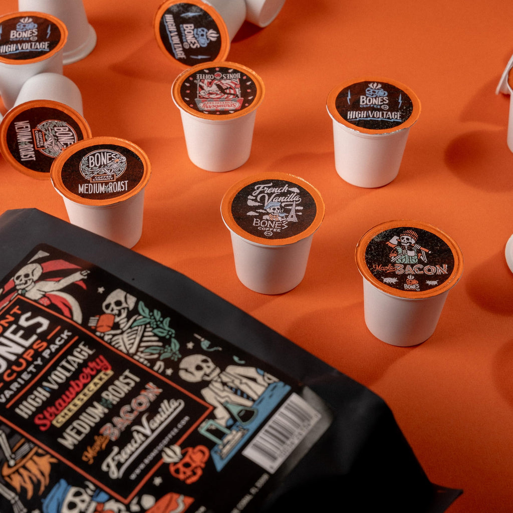 Bones Coffee Company Variety Flavored Coffee Pods, French Vanilla, Maple Bacon, Strawberry Cheesecake, Medium Roast, High Voltage Bones Cups, Compatible with 1.0 & 2.0 K-Cups Brewers, 20 Count