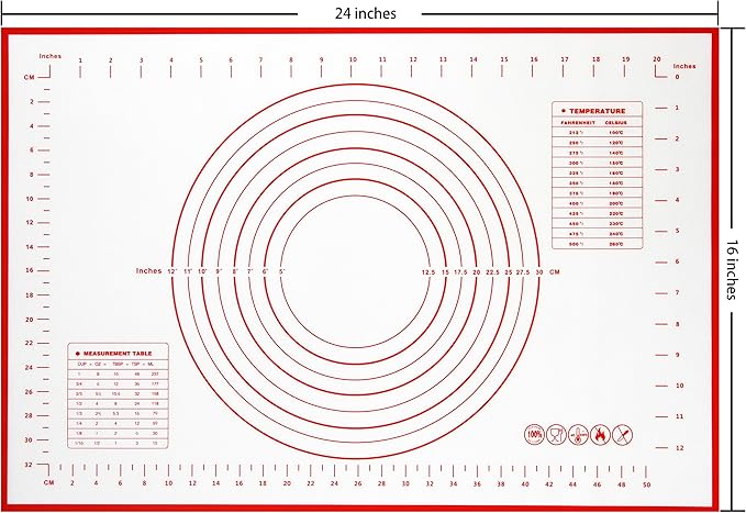 Yansumi Silicone Pastry Mat Extra Large Non-Slip Mat for Rolling Dough Pie Crust and Baking Non-Stick with Measurements (24x16, Red)