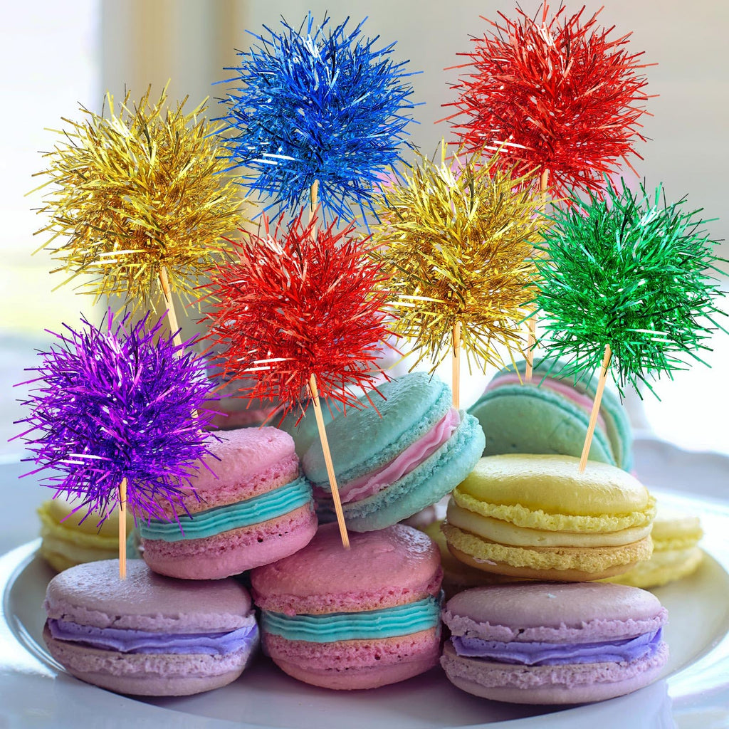 Chinco 100 Pcs Foil Firework Cupcake Toppers Sparkle Tinsel Cake Toppers Cake Decoration Cocktail Fruit Toothpick for Birthday Wedding Graduation Party(Bright Color)