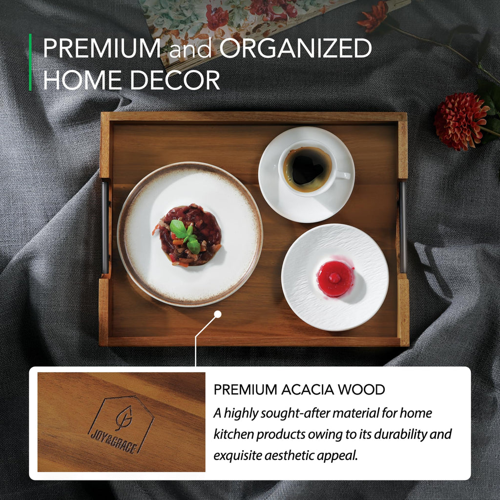Joy&Grace Acacia Wood Ottoman Tray with Handles 16.7" x 12.8"
