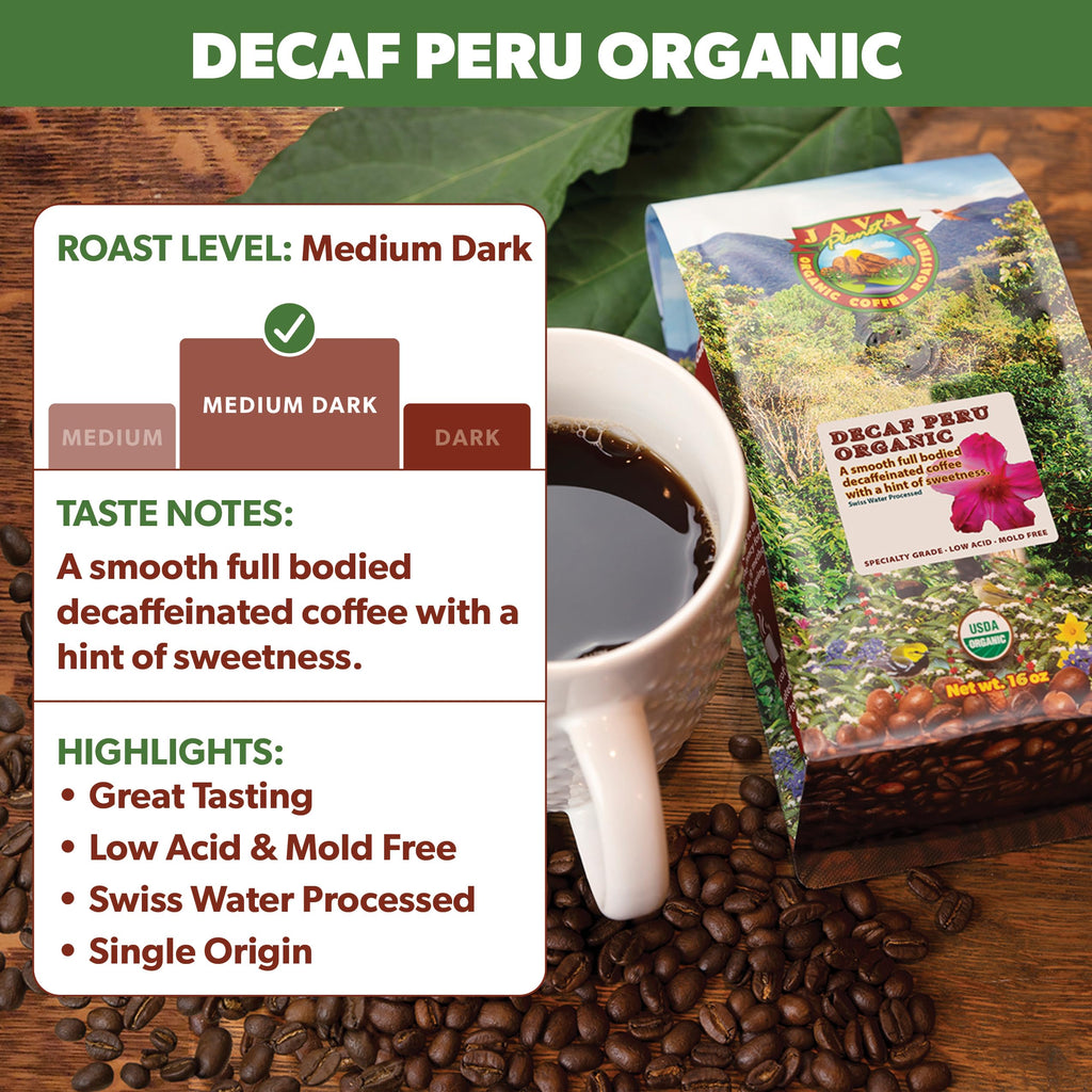 Java Planet Low Acid Organic Coffee, Peruvian Decaf, Medium Dark Roast 32oz