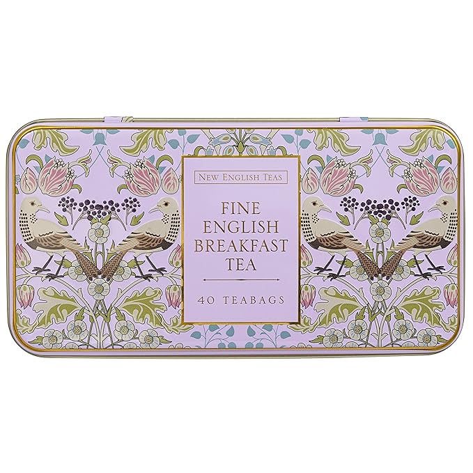 New English Teas Song Thrush and Berries Tea Tin in Pink with 40 English Breakfast Teabags