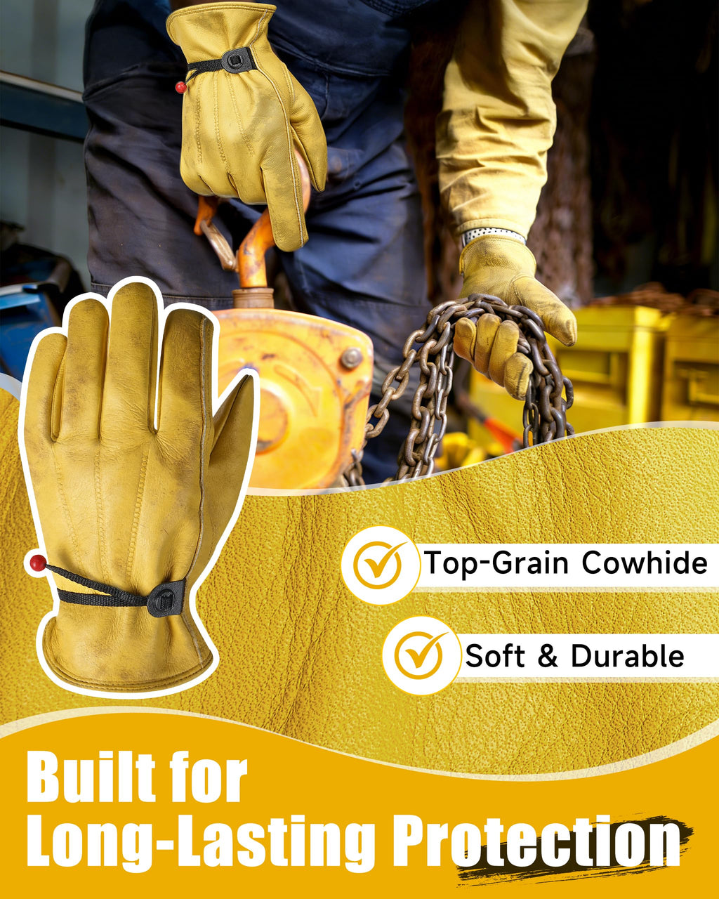 DULFINE Adjustable Cowhide Leather Work Gloves for Men 1 Pair Golden M