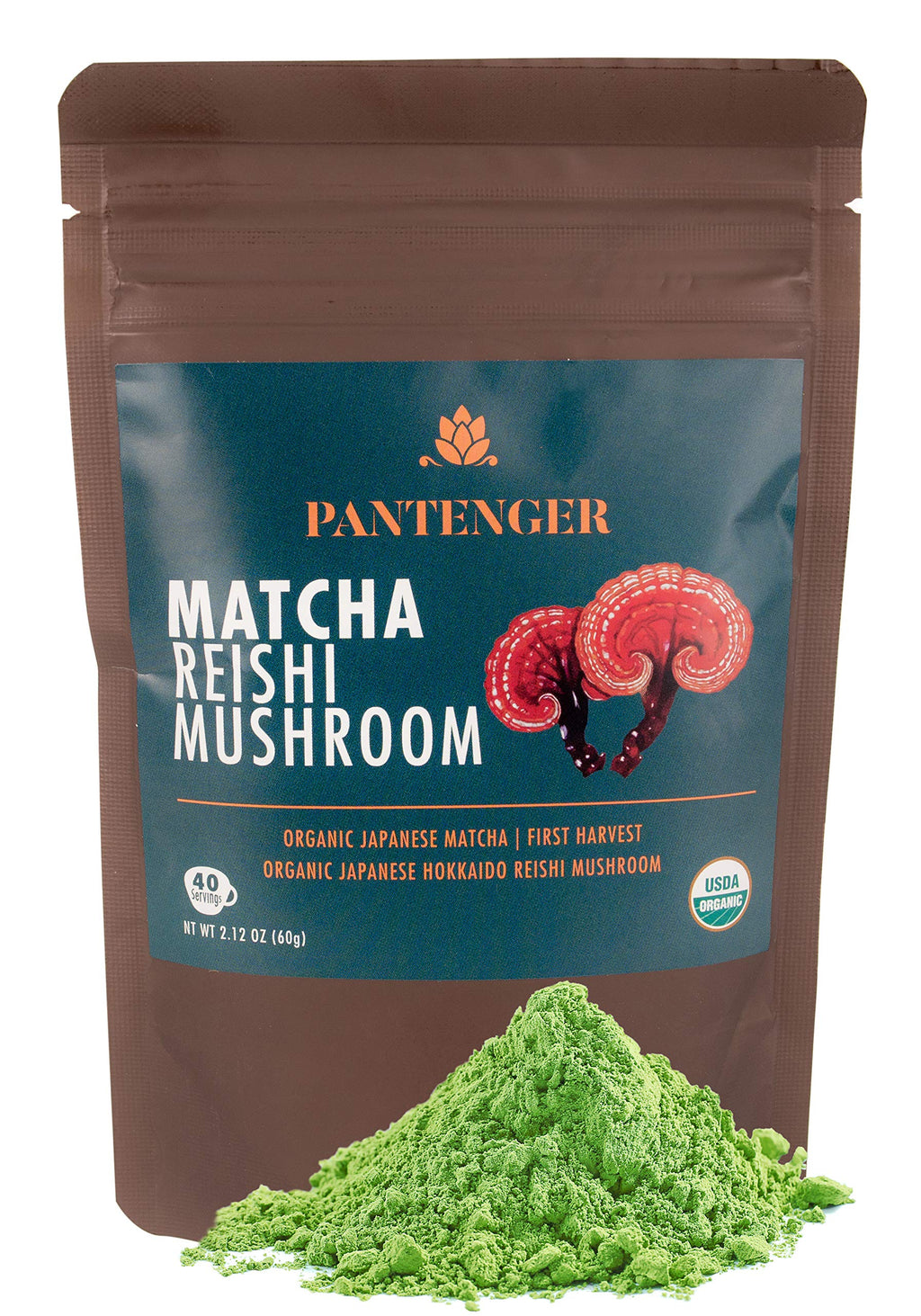 Pantenger Matcha Green Tea Powder and Reishi Mushroom. 2.12 OZ (60 grams). USDA ORGANIC. Japanese Reishi Mushroom with Japanese Matcha Tea.