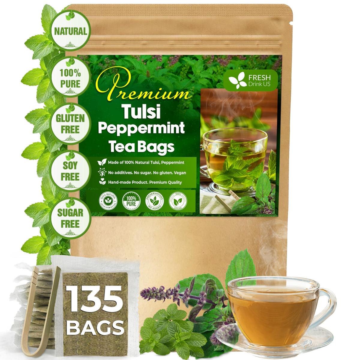 FreshDrinkUS, Premium 135 Ginger Turmeric Tea Bags, 100% Natural Ingredients, Hand-Made Blend of Ginger and Turmeric Herbal Tea, Eco-Conscious Tea Bags. No Sugar, No Caffeine, No Gluten, Vegan.